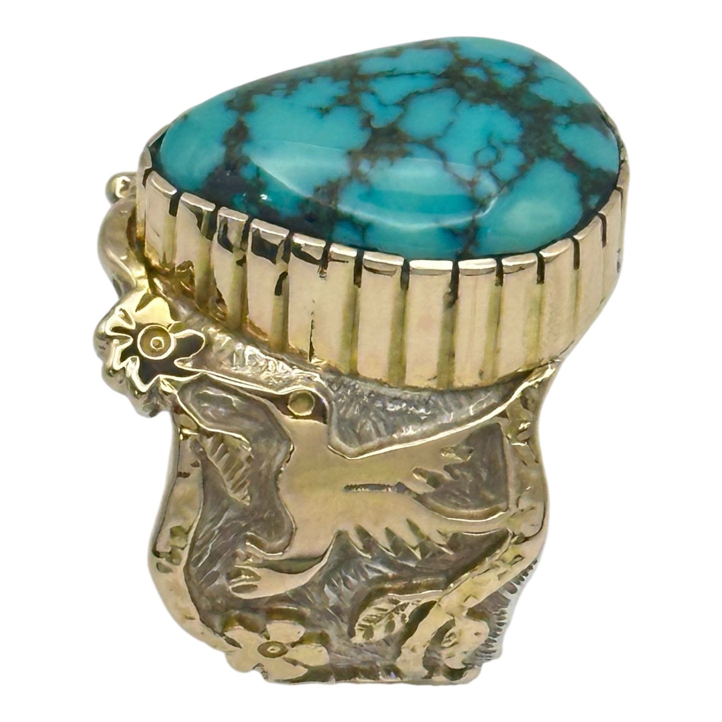 Lone Mountain Turquoise Hummingbird Ring in Sterling Silver & 14K Gold