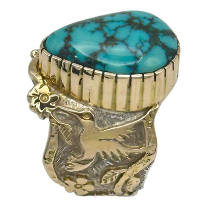Lone Mountain Turquoise Hummingbird Ring in Sterling Silver & 14K Gold