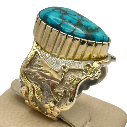 Lone Mountain Turquoise Hummingbird Ring in Sterling Silver & 14K Gold