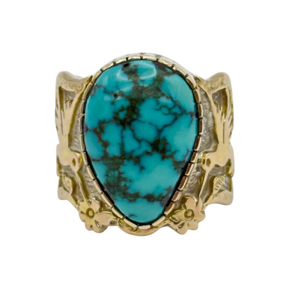 Lone Mountain Turquoise Hummingbird Ring in Sterling Silver & 14K Gold