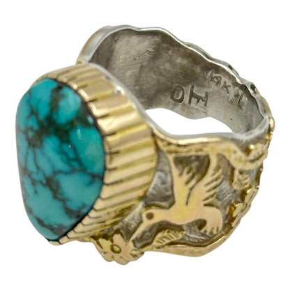 Lone Mountain Turquoise Hummingbird Ring in Sterling Silver & 14K Gold