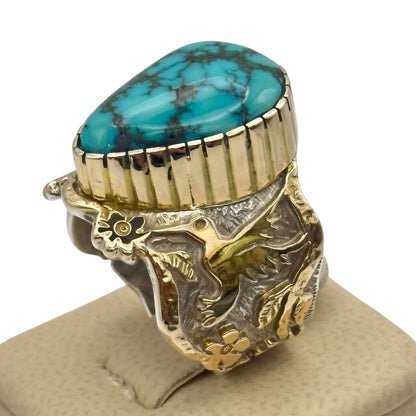 Lone Mountain Turquoise Hummingbird Ring in Sterling Silver & 14K Gold